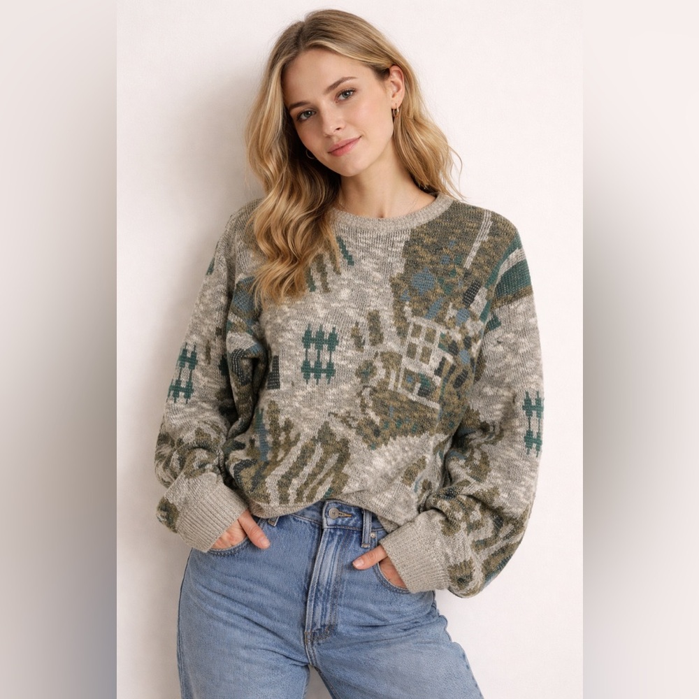 Vintage Sundays Abstract Gray and Green Sweater size medium